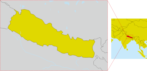 ネパールの地図。南アジアに位置し、地図右下の拡大図でネパールの場所が強調されている。