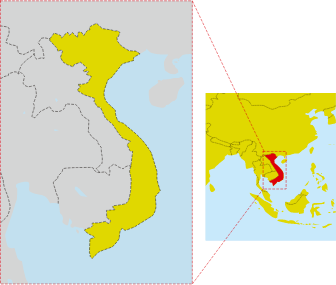 ベトナムの地図。東南アジアに位置し、地図右下の拡大図でベトナムの場所が強調されている。
